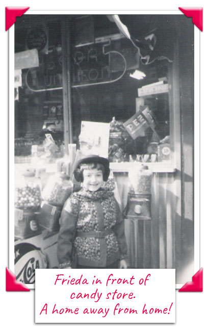 Frieda Wishinky as a child in front of a candy store